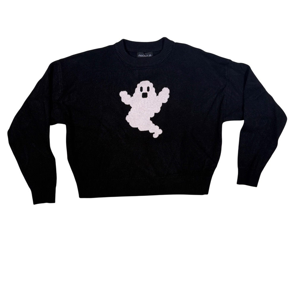 Arden B Womens Black Ghost Graphic Crewneck Sweater Knit Large 82106J Halloween